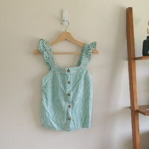 J. Crew Green Striped Linen-Blend Ruffle Tank - Sz XXS